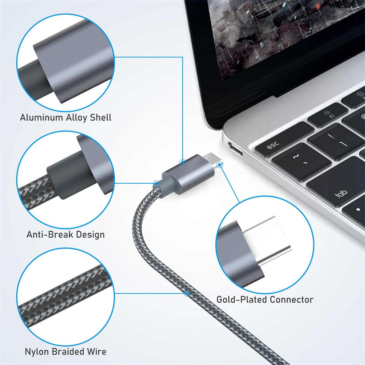 Ein USB-C-Kabel mit Aluminiumlegierung, Anti-Bruch-Design, geflochtenem Nylondraht und vergoldetem Stecker.