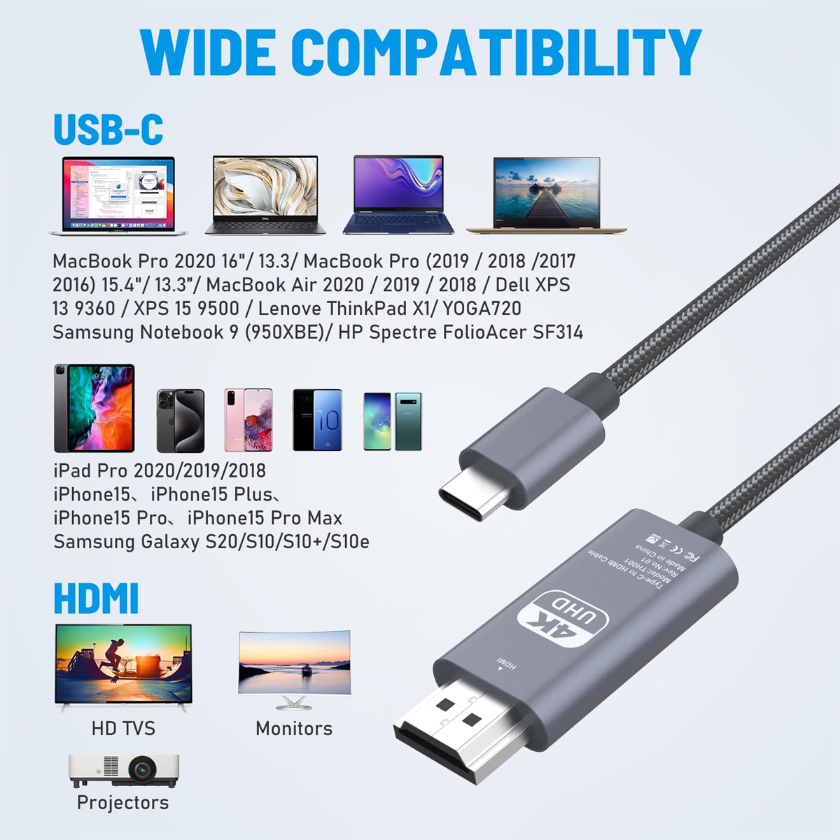 Graues USB-C-zu-HDMI-Kabel mit USB-C-Anschluss, HDMI-Anschluss und Kompatibilitätsinformationen.