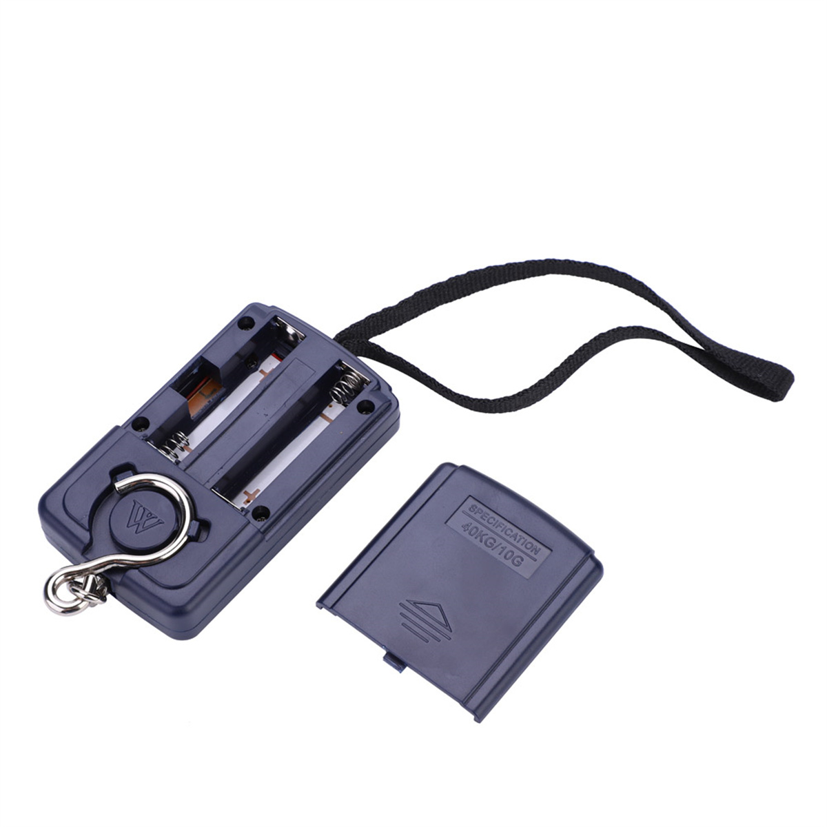 Eine kleine, offene, marineblaue Digitalwaage mit Batterien und einem schwarzen Riemen.