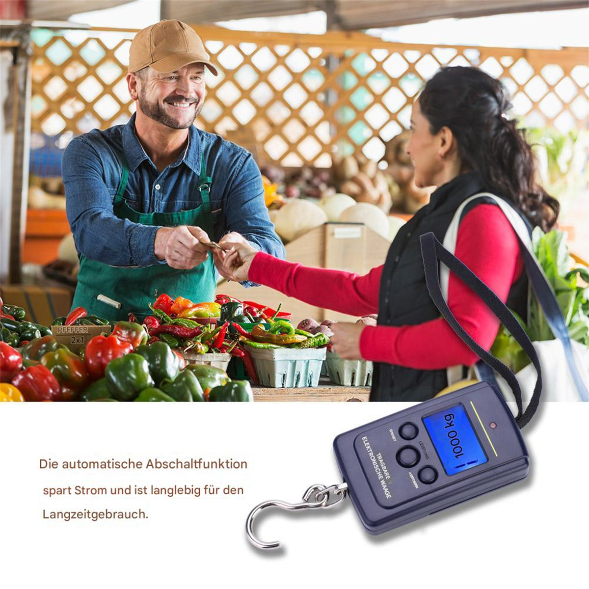 Verkäufer und Kunde auf dem Markt. Verkäufer wiegt Produkte mit einer Digitalwaage.