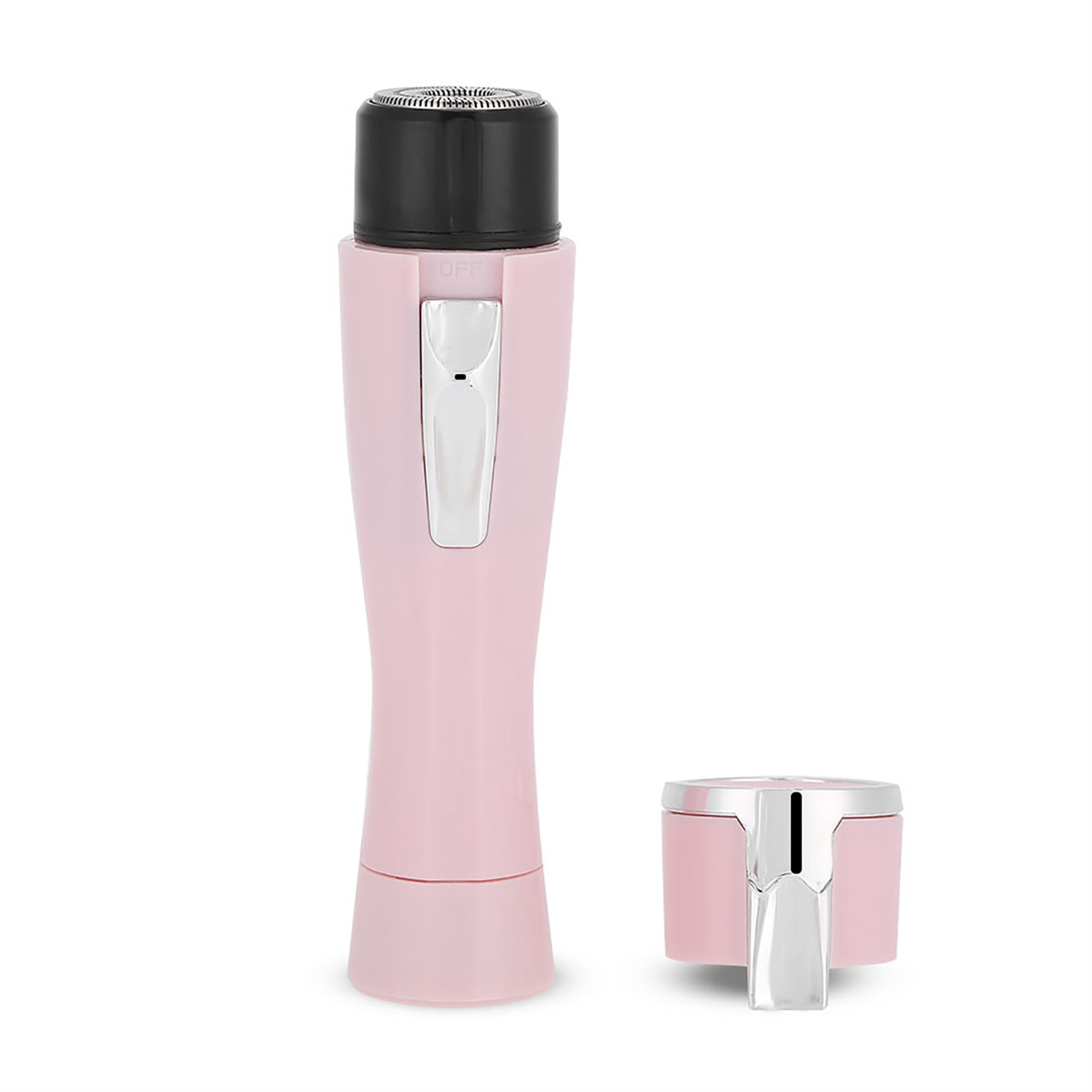 Pinkfarbener Damenrasierer und Aufsatz. Der Rasierer ist rosa mit schwarzen und silbernen Akzenten.