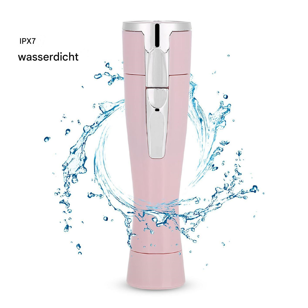 Rosa wasserdichter Rasierer mit silbernem Kopf, umgeben von blauen Wasserspritzern auf weißem Hintergrund.