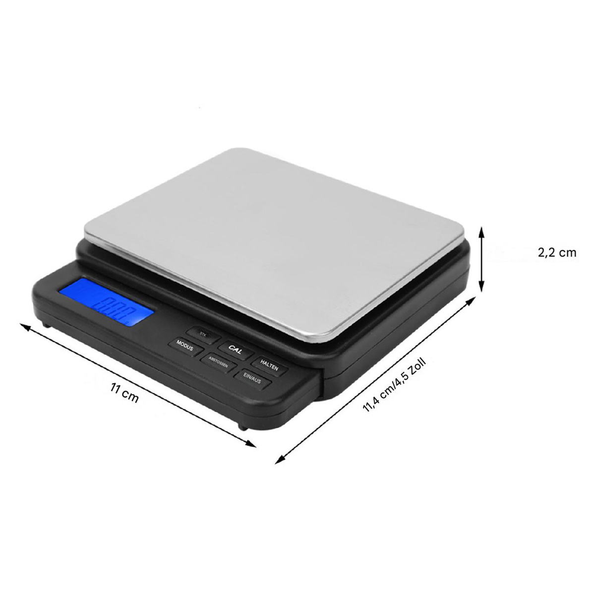 Eine schwarze Digitalwaage mit silberner Plattform, Abmessungen beschriftet.