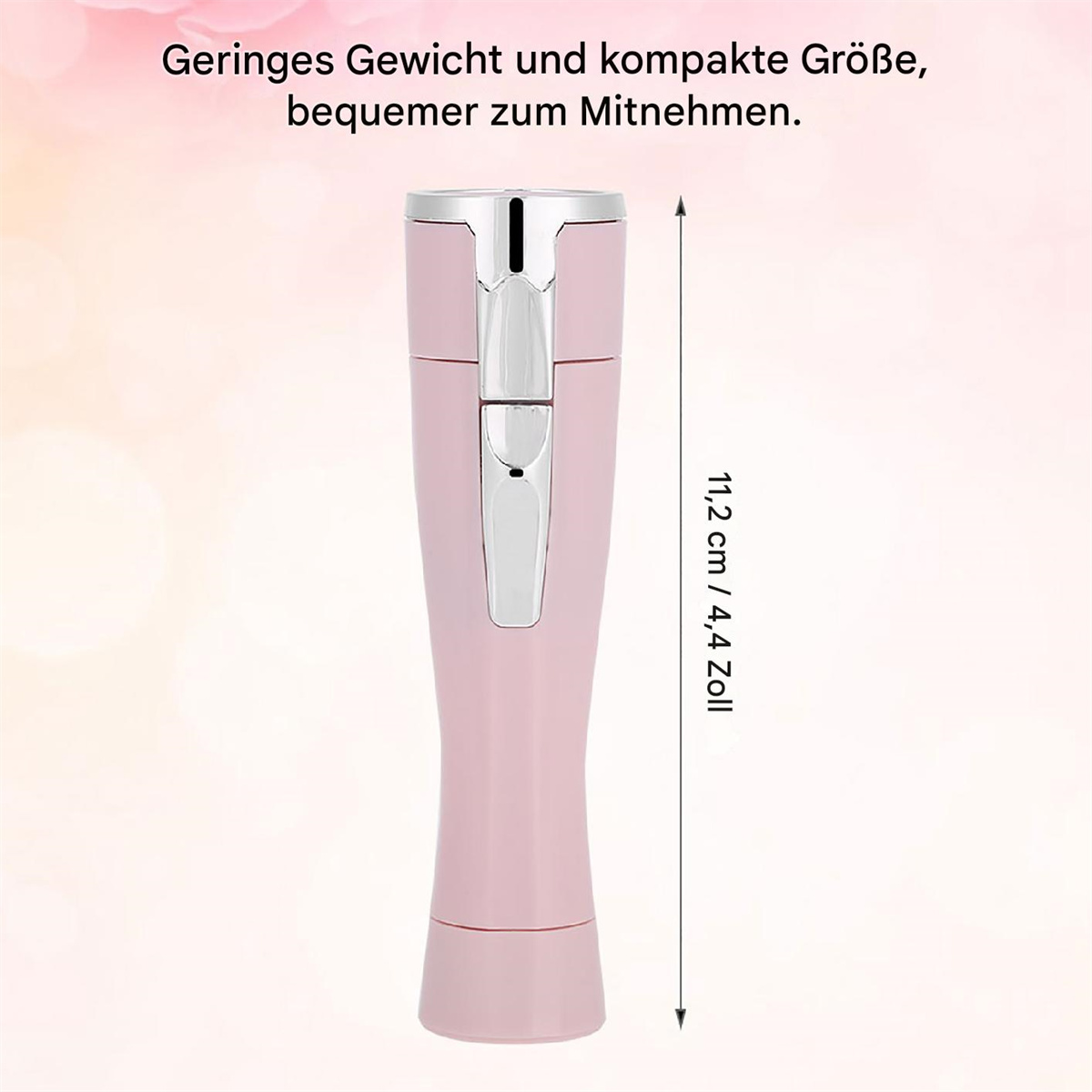 Ein rosa elektrisches Haarentfernungsgerät mit silbernen Akzenten und einem Maßindikator.