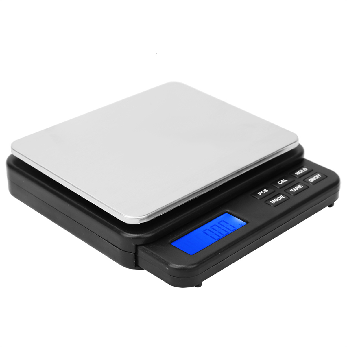Digitale Waage mit silberner Plattform und schwarzem Sockel, zeigt '0.00'.