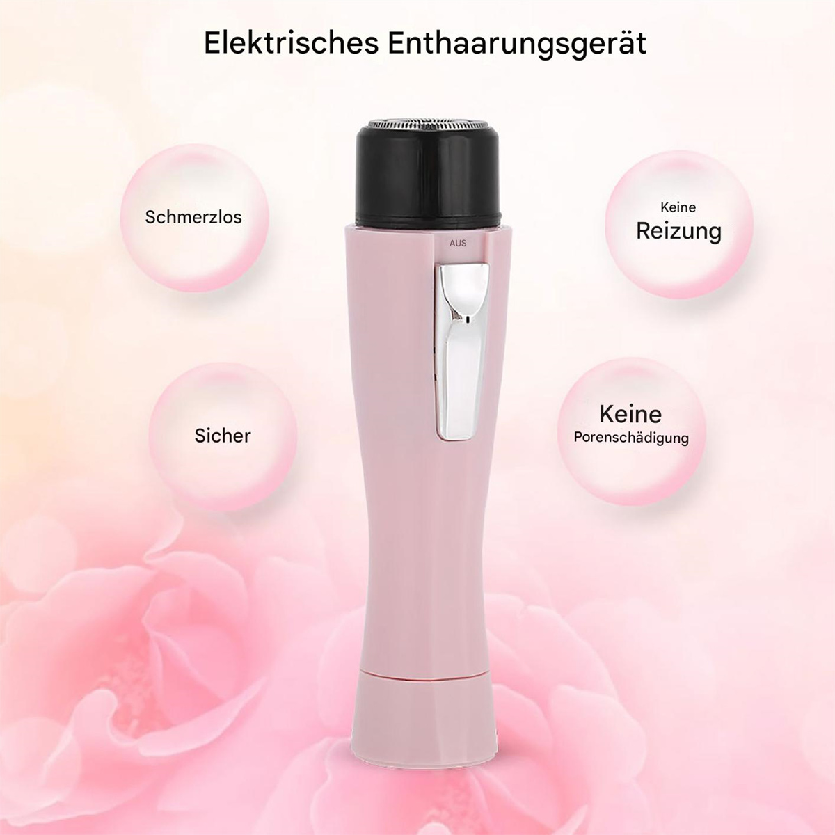 Rosafarbener Epilierer mit schwarzem Kopf und silbernem Schalter, mit vier Kreisen.