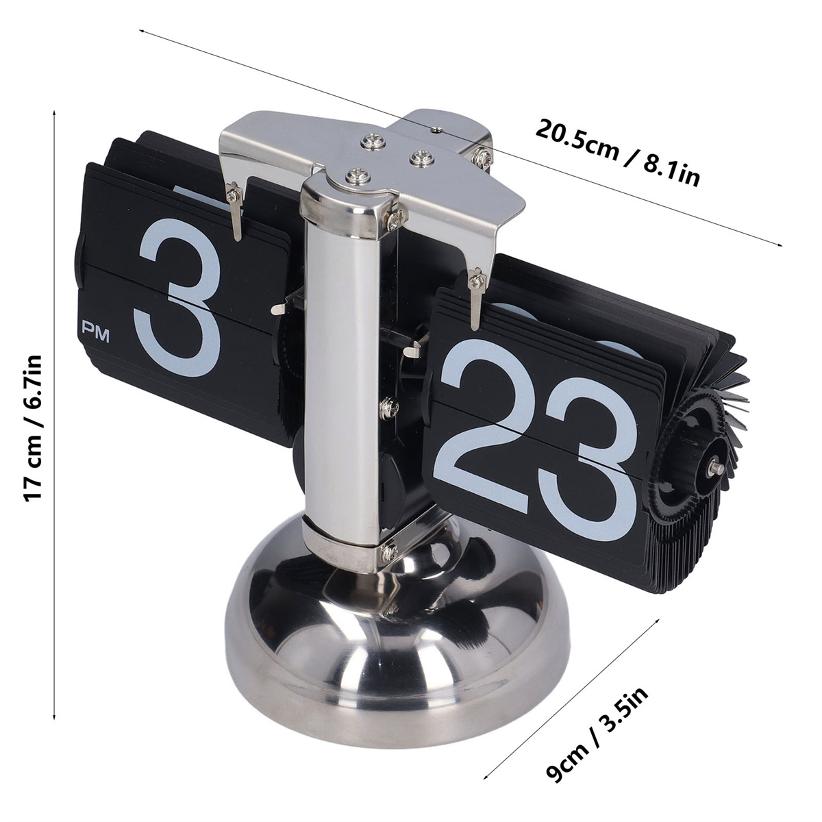 Silber-schwarze Klappuhr mit weißen Zahlen, zeigt 15:23 Uhr.