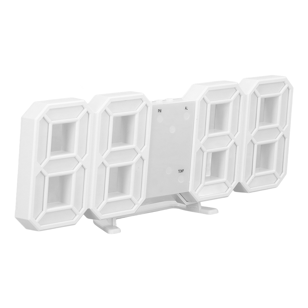 Eine weiße Digitaluhr mit großen, segmentierten Ziffern.