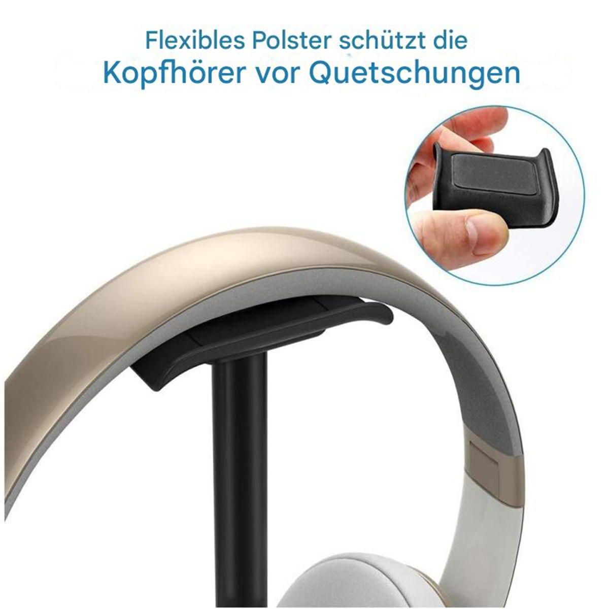 Kopfhörerhalter, der einen goldenen Kopfhörer hält, mit Text und einer Hand, die ein schwarzes Kissen hält.