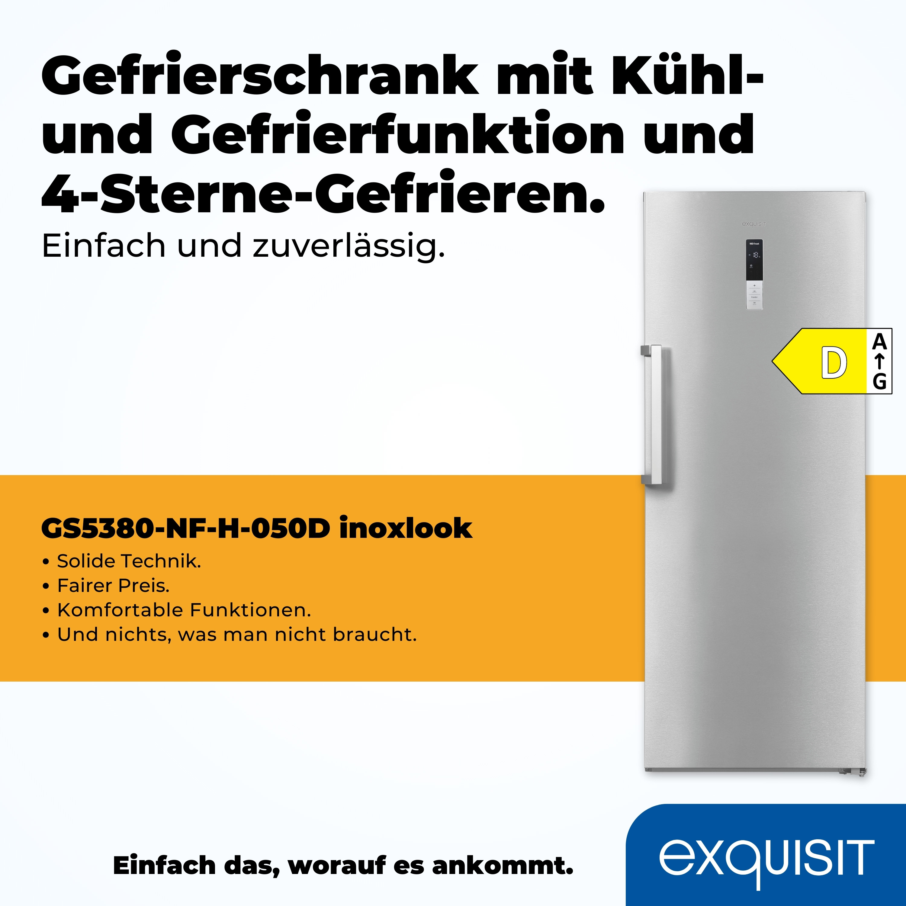 Ein silberner Kühlschrank mit deutschem Text über seine Funktionen und einem Energieeffizienzlabel.