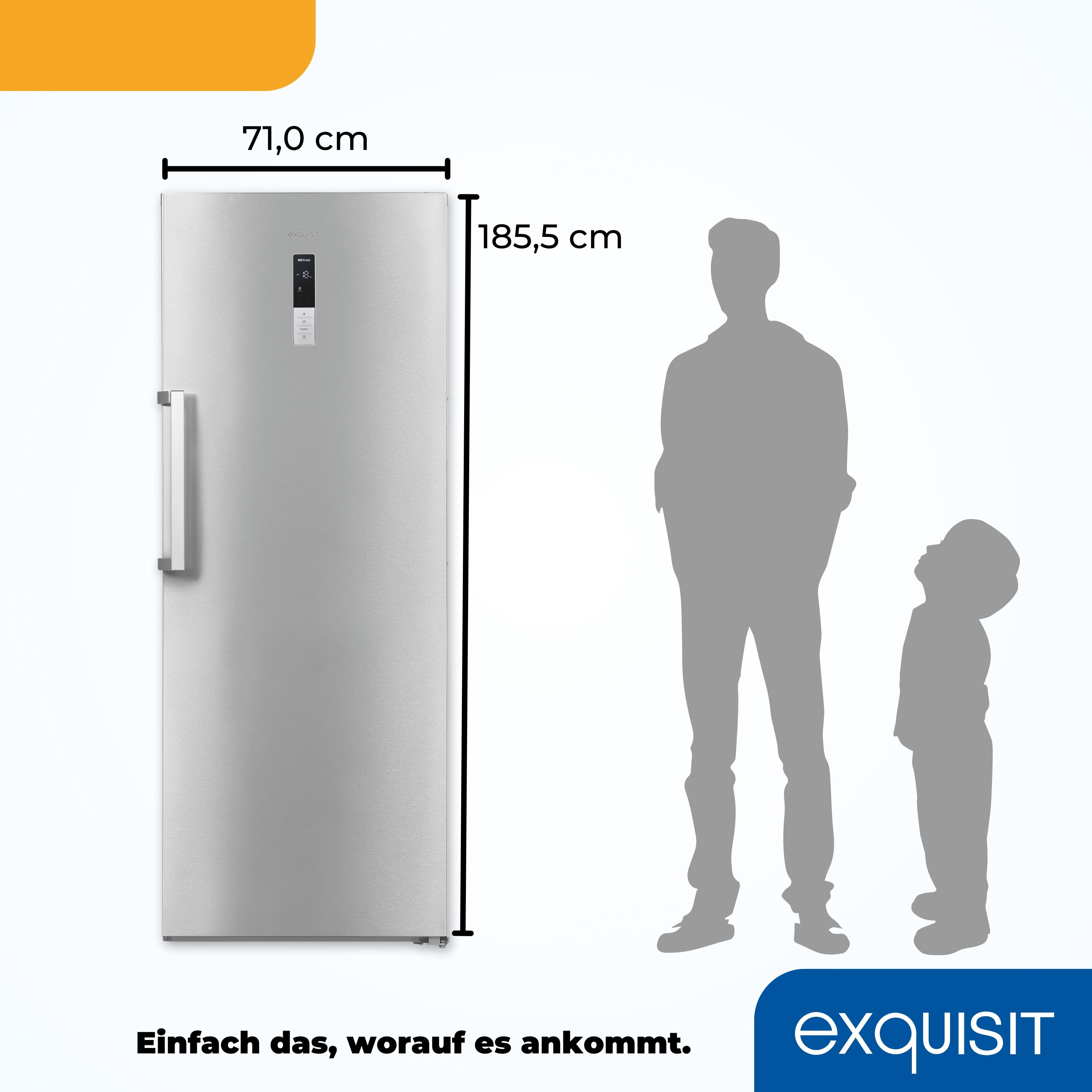 Ein silberner Kühlschrank neben einer Silhouette eines Mannes und eines Kindes, mit Maßen und deutschem Text.