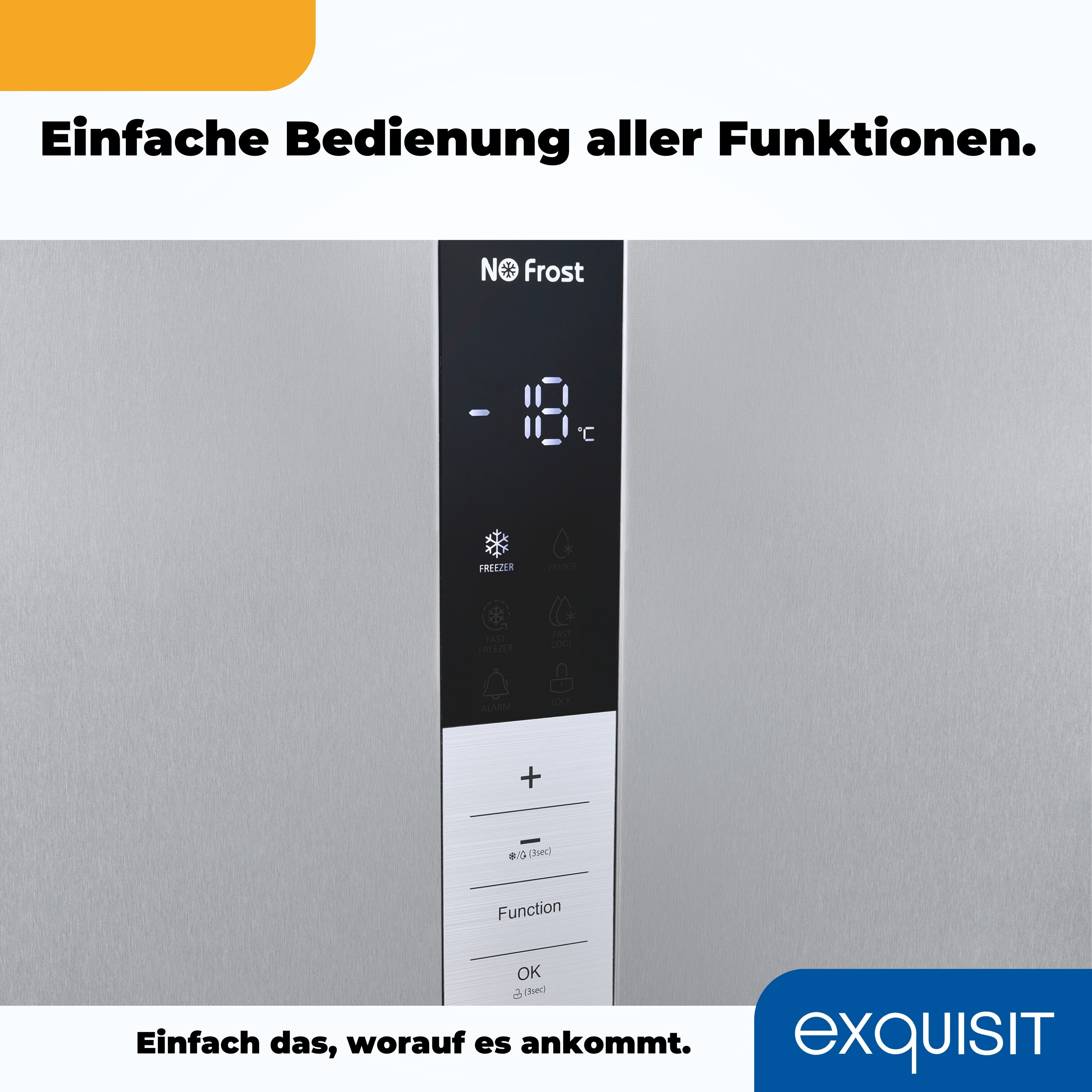 Ein Kühlschrank-Bedienfeld mit digitaler Anzeige und Funktionstasten.
