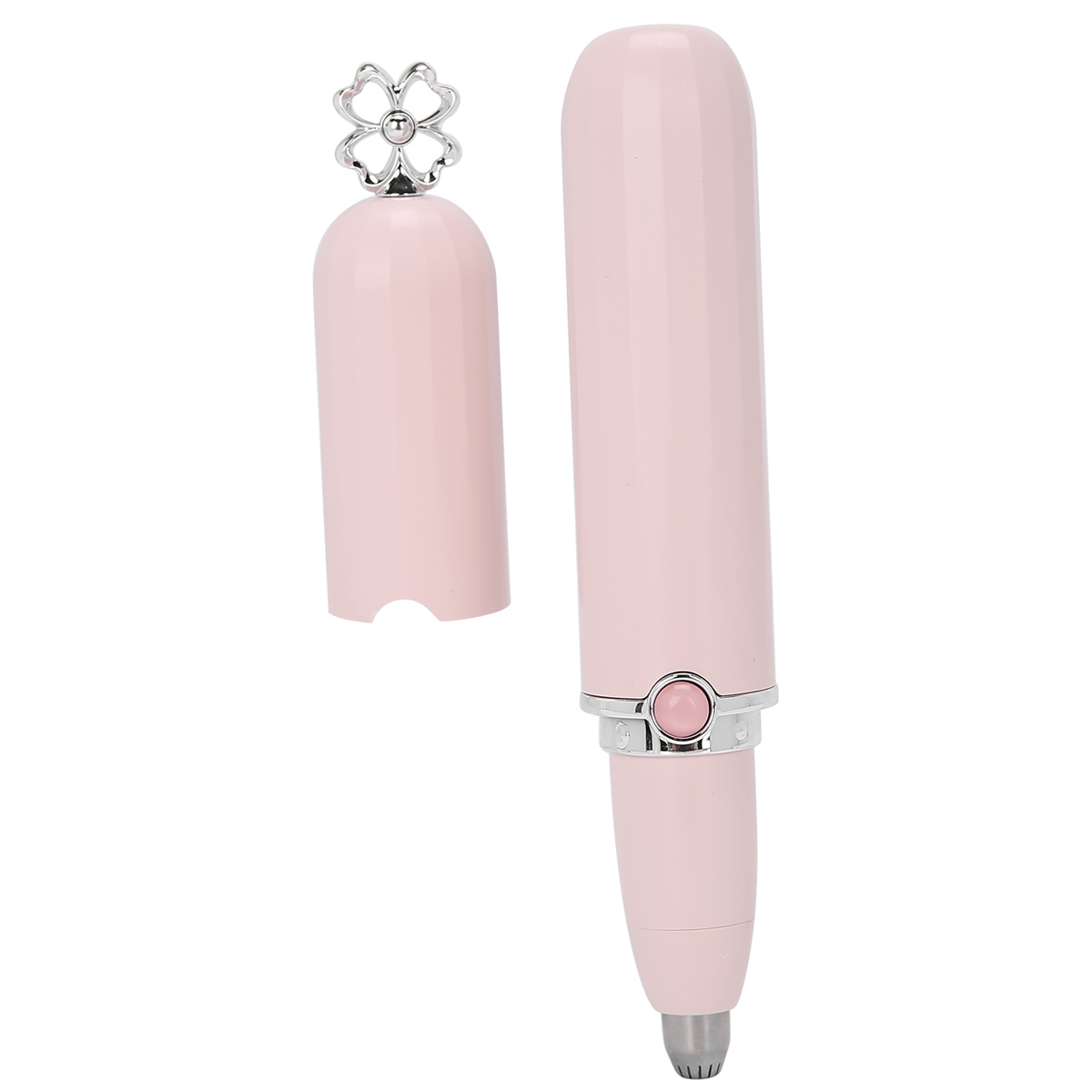 Ein rosa Epilierer mit blütenförmiger Kappe und offener Kappe daneben.