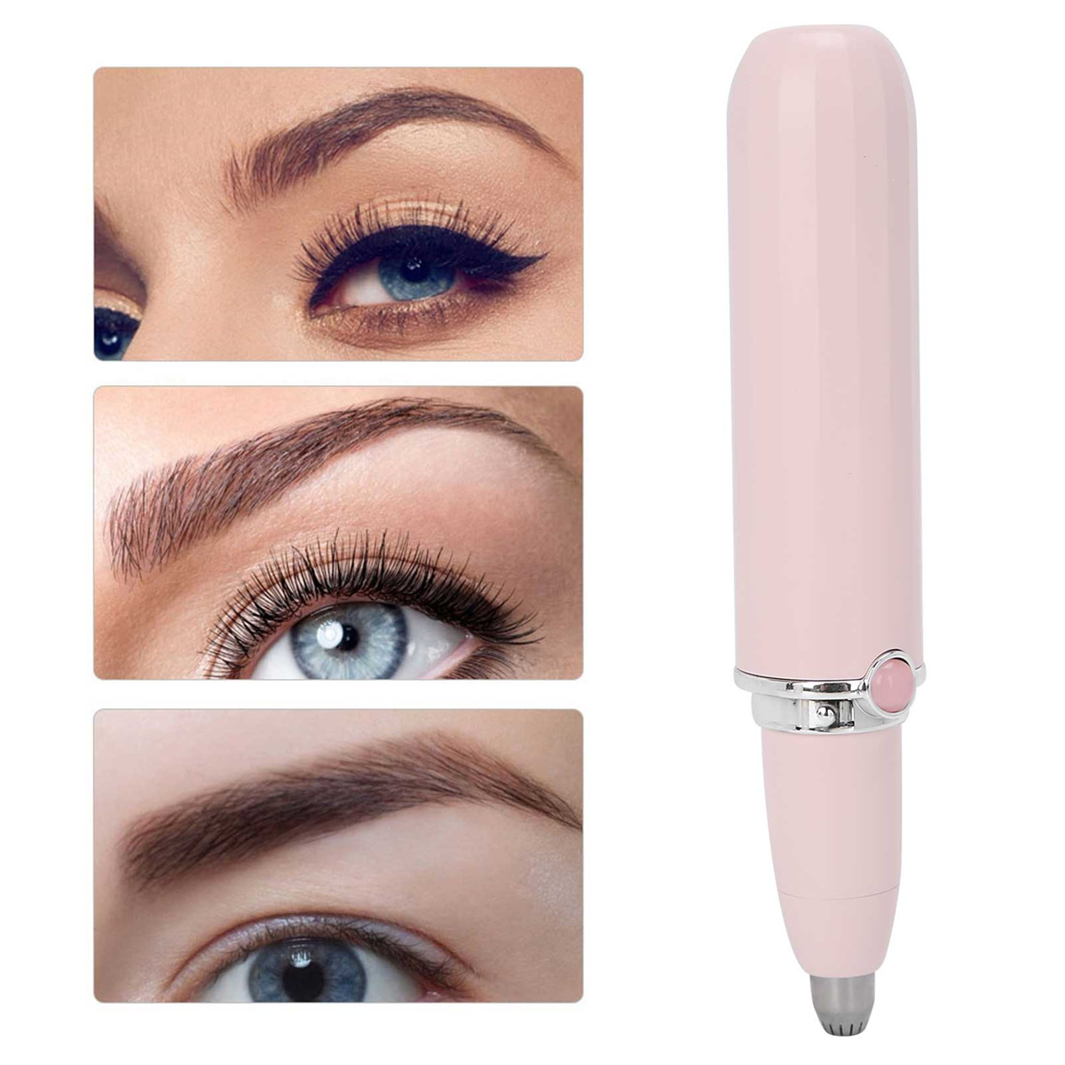 Pinker Augenbrauen-Trimmer mit Beispielen für Augenbrauen-Stile, Nahaufnahme der Augen.