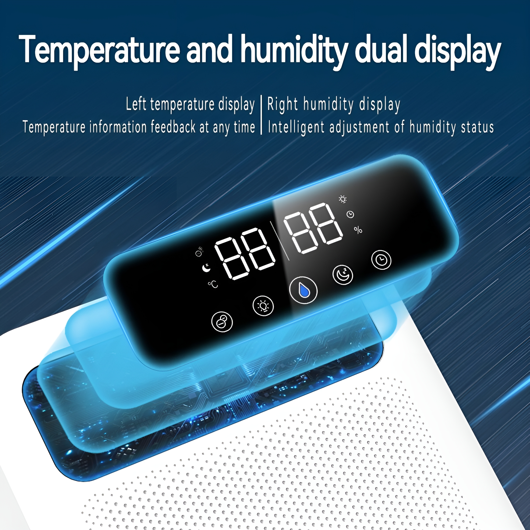 Digitalanzeige mit Temperatur- und Feuchtigkeitsanzeige, mit elegantem Design und blauem Hintergrund.
