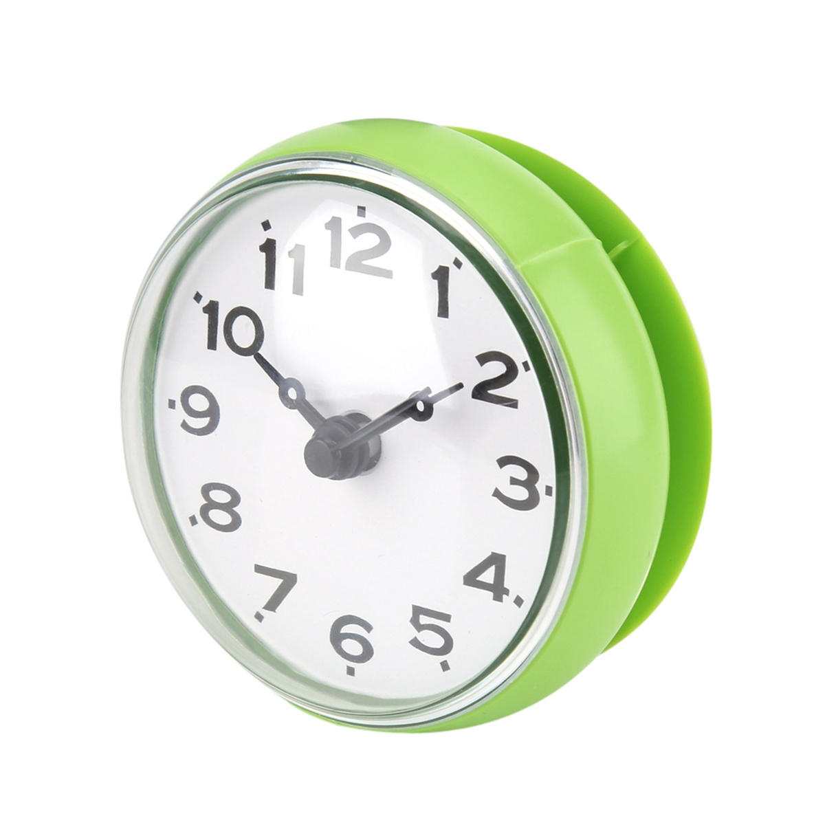 Grüne Uhr mit weißem Zifferblatt, schwarzen Zeigern und Zahlen.