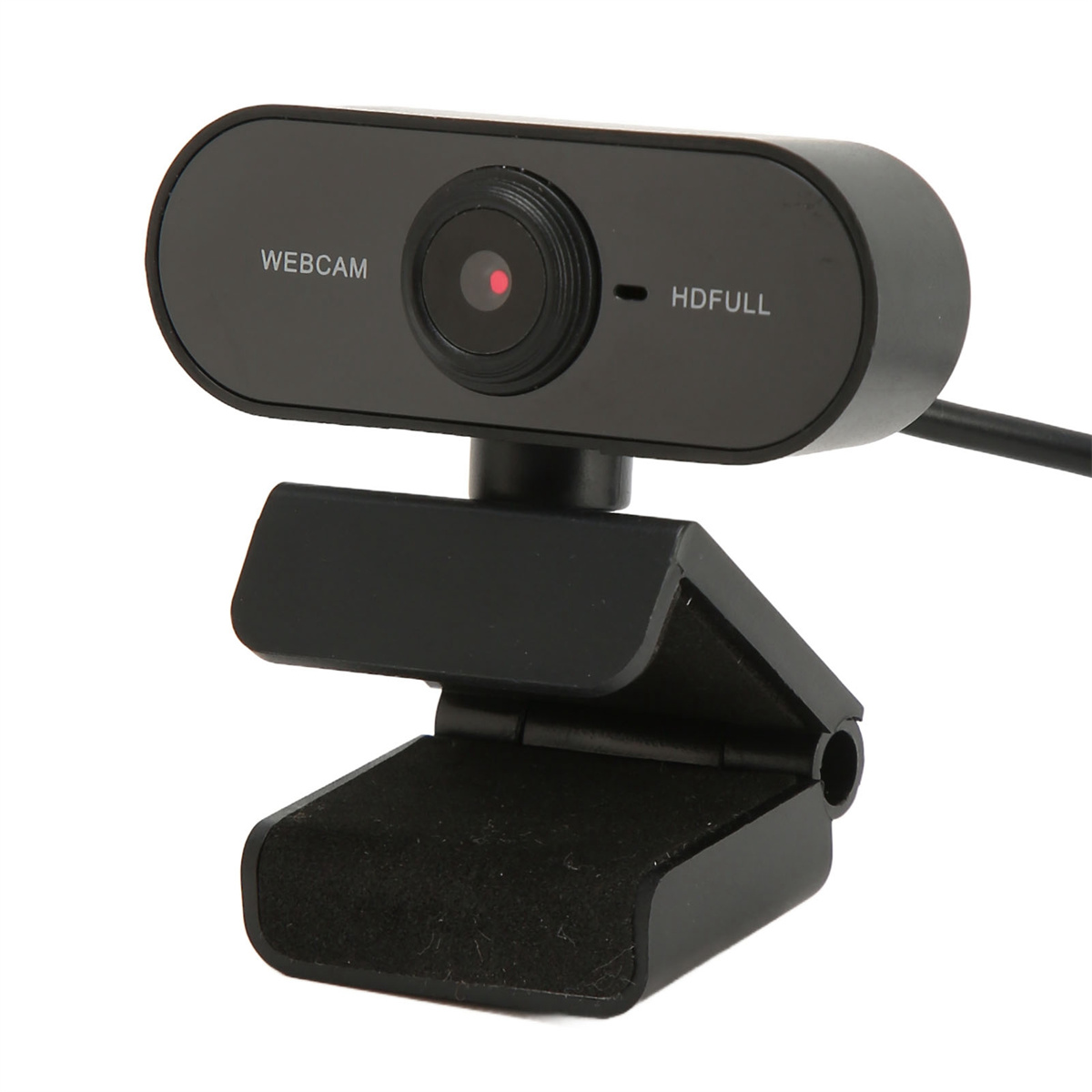 Schwarze Webcam mit Linse, Mikrofon und HD FULL-Etikett, an einem schwarzen Clip.