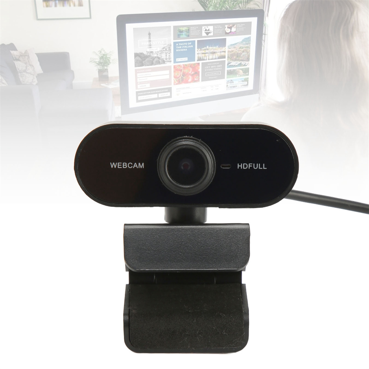 Eine Webcam mit dem Text 'WEBCAM' und 'HDFULL' darauf, mit schwarzer Halterung.