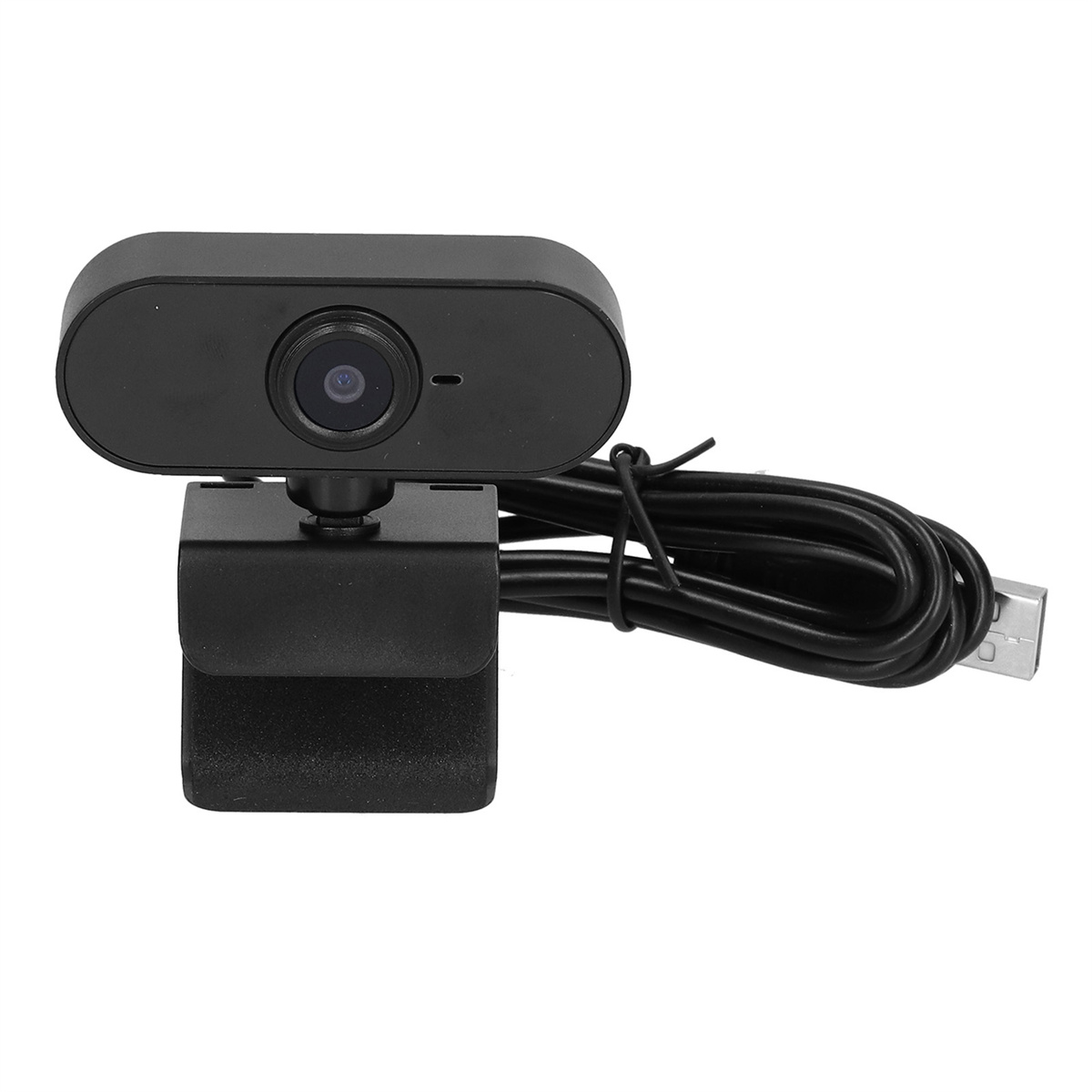 Eine schwarze Webcam mit kleiner Linse und schwarzem Clip-Ständer, angeschlossen an ein Kabel.