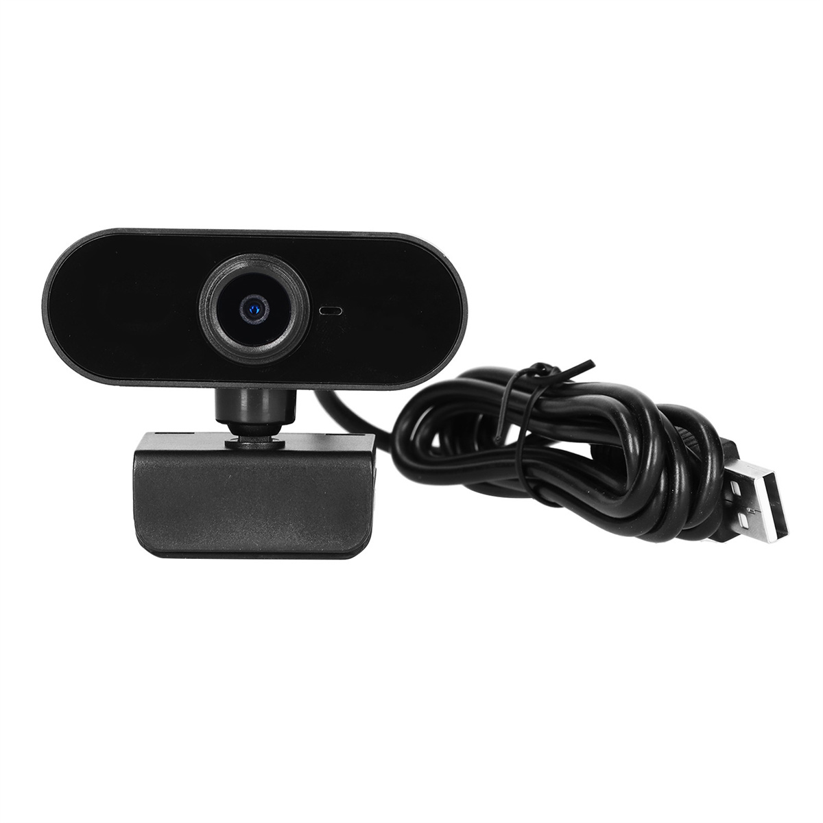 Schwarze Webcam mit Linse, Kabel und USB-Stecker. Weißer Hintergrund.