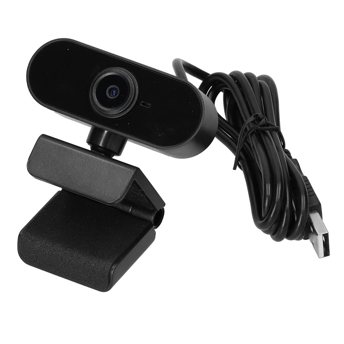 Schwarze Webcam mit USB-Kabel, montiert auf einem schwarzen Ständer.