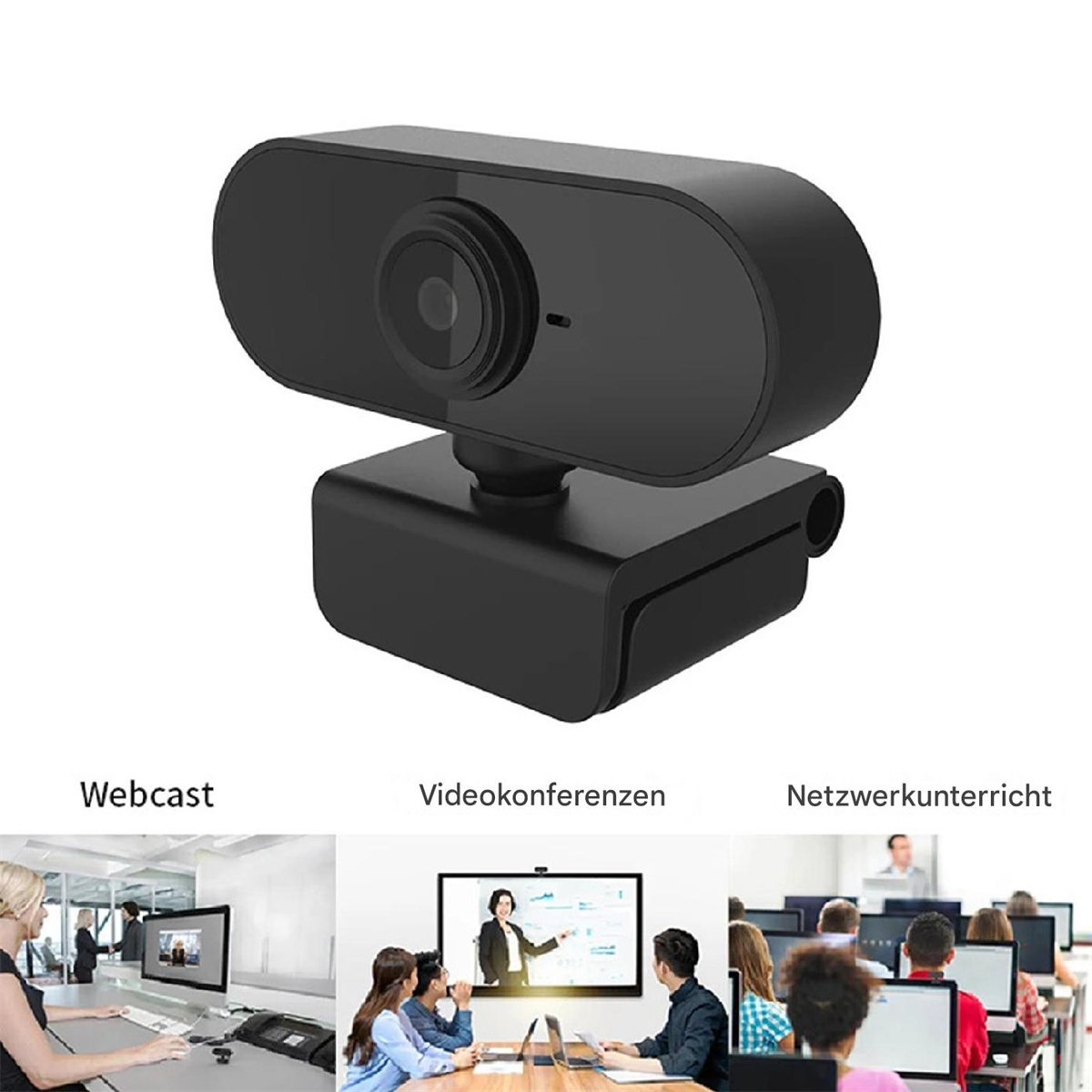 Eine schwarze Webcam mit verschiedenen Verwendungsbeispielen: Webcast, Videokonferenzen, Netzwerunterricht.
