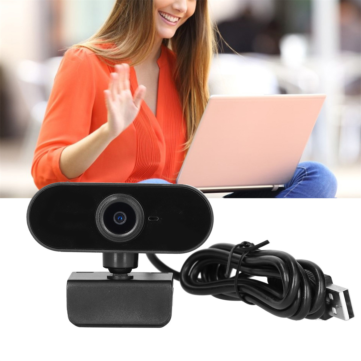 Schwarze Webcam auf einem Ständer mit Kabel und winkende Frau.