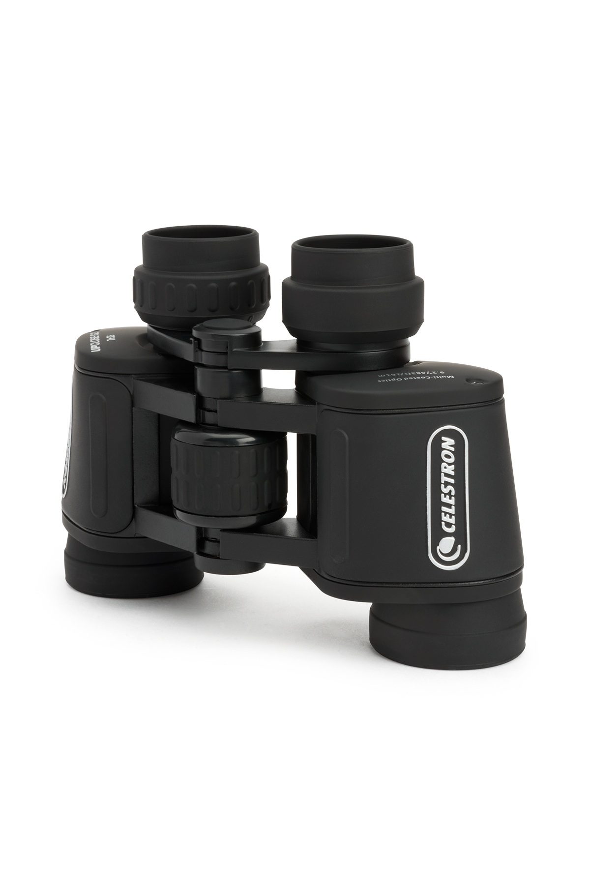 Schwarzes Fernglas auf weißem Hintergrund, mit dem Celestron-Logo auf der Seite.