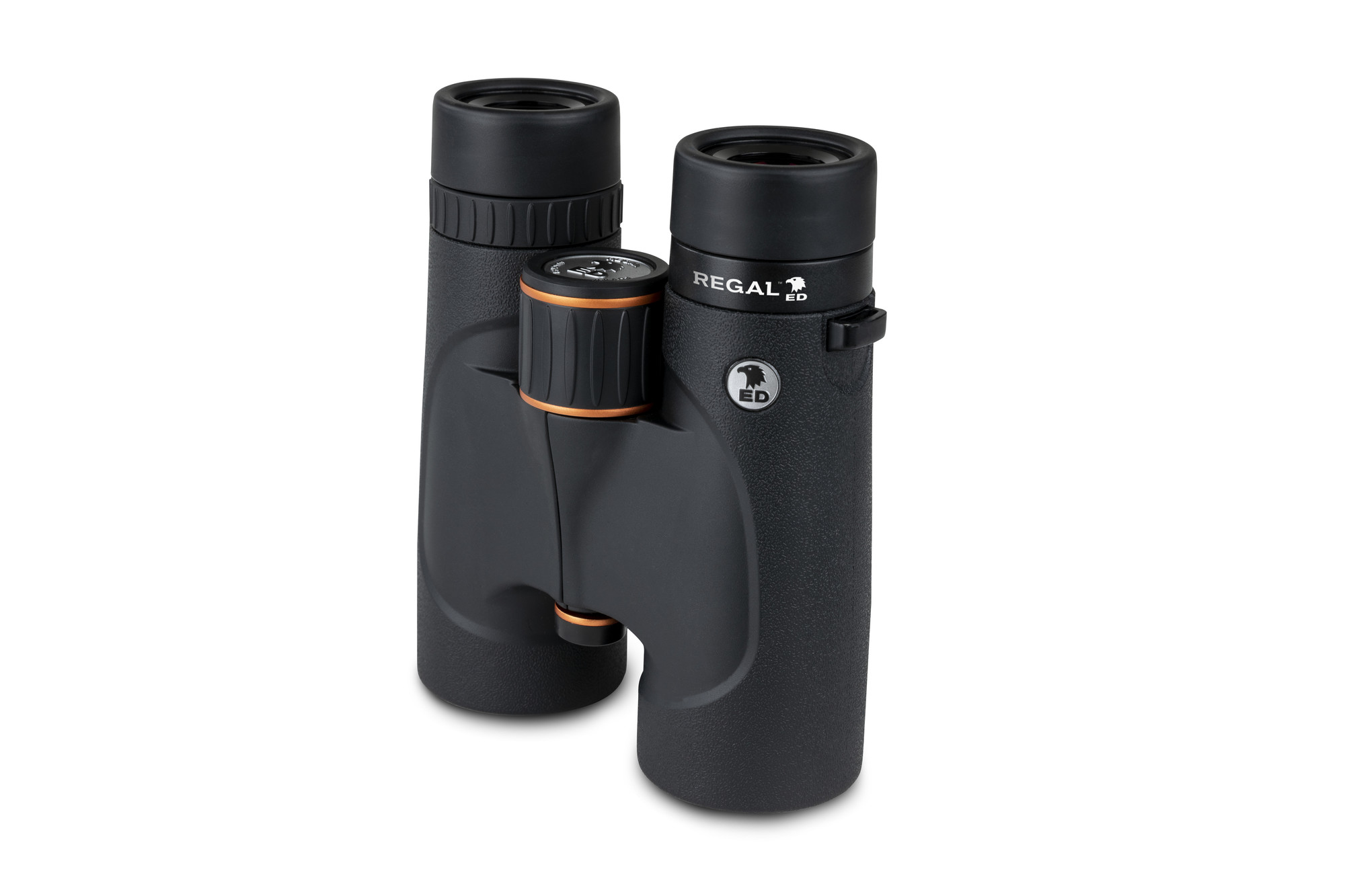 Schwarzes Fernglas mit orangefarbenen Akzenten und dem Wort REGAL ED.
