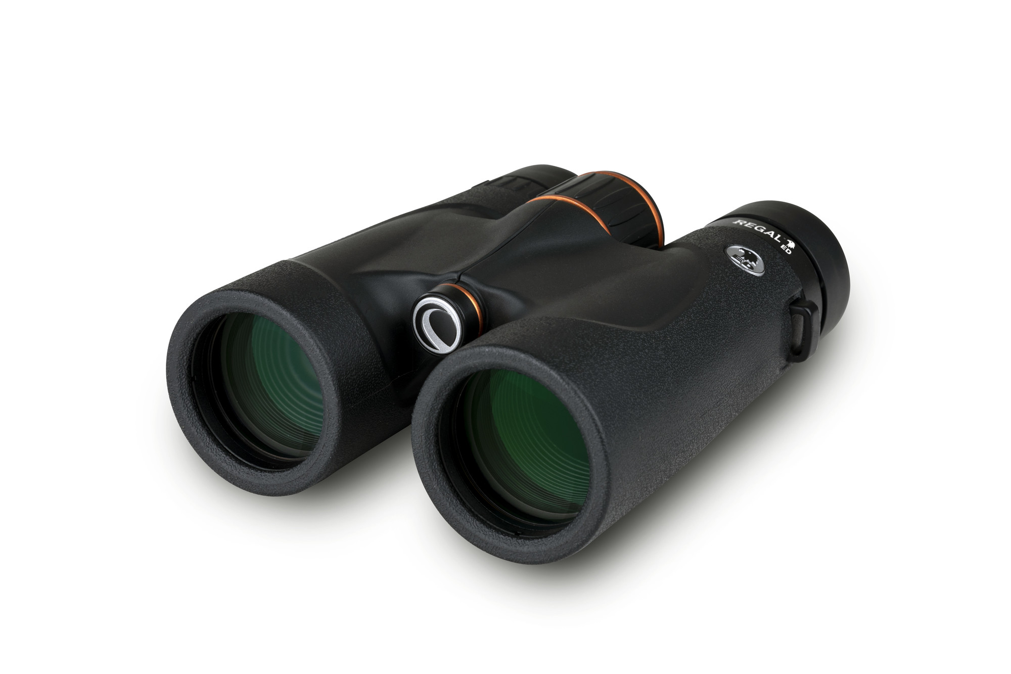 Schwarzes Fernglas mit orangefarbenen und silbernen Akzenten. Sie sind zum Betrachter hin abgewinkelt.