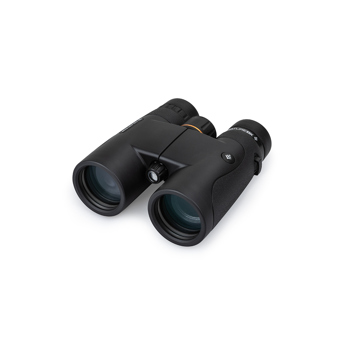 Schwarzes Fernglas auf Weiß. Sie haben ein orangefarbenes Band und einen Fokusknopf.