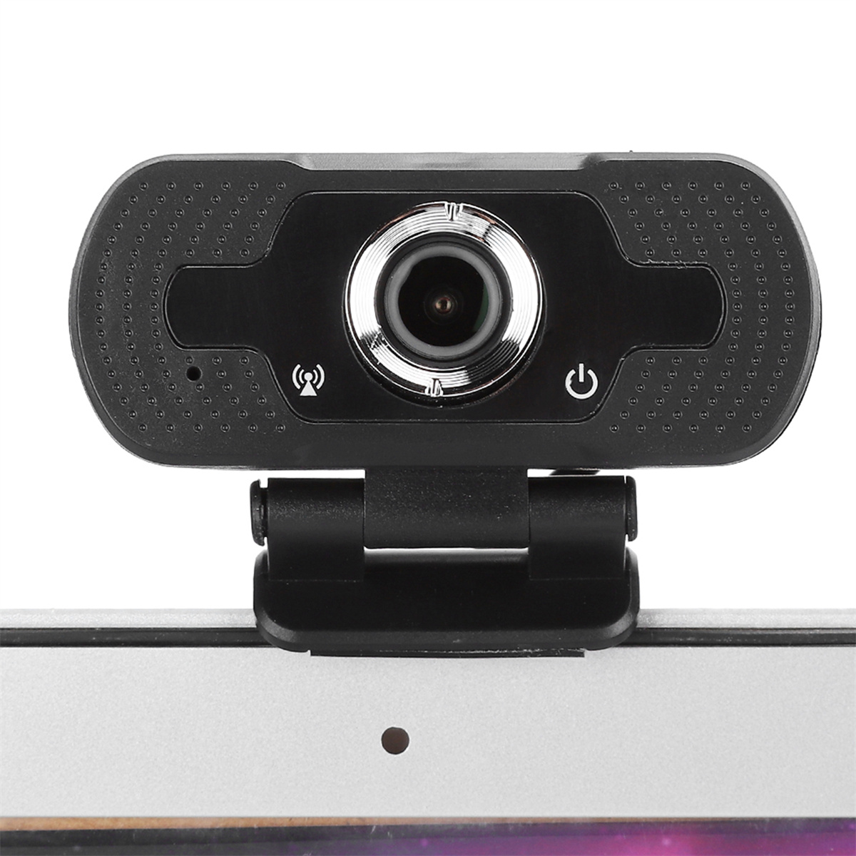 Schwarze Webcam auf einem Laptop, Nahaufnahme. Die Webcam ist vorne.