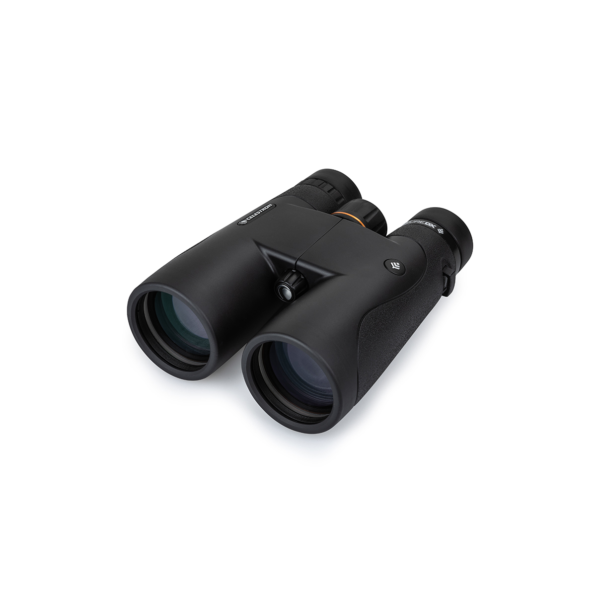Schwarzes Fernglas. Es hat einen gummierten Griff und zwei Linsen. Marke 'CELESTRON'.