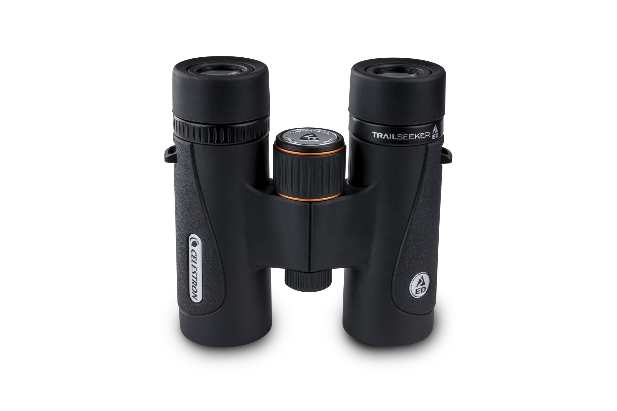 Schwarzes Fernglas mit einem orangefarbenen Mittelfokusknopf auf weißem Hintergrund.