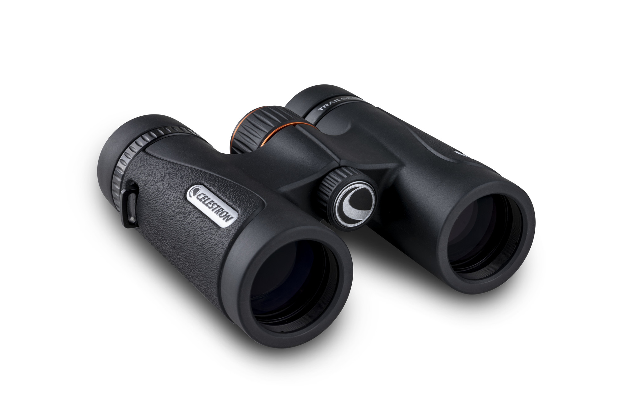 Schwarzes Fernglas mit orangefarbenen Akzenten auf weißem Untergrund. Der Markenname ist sichtbar.