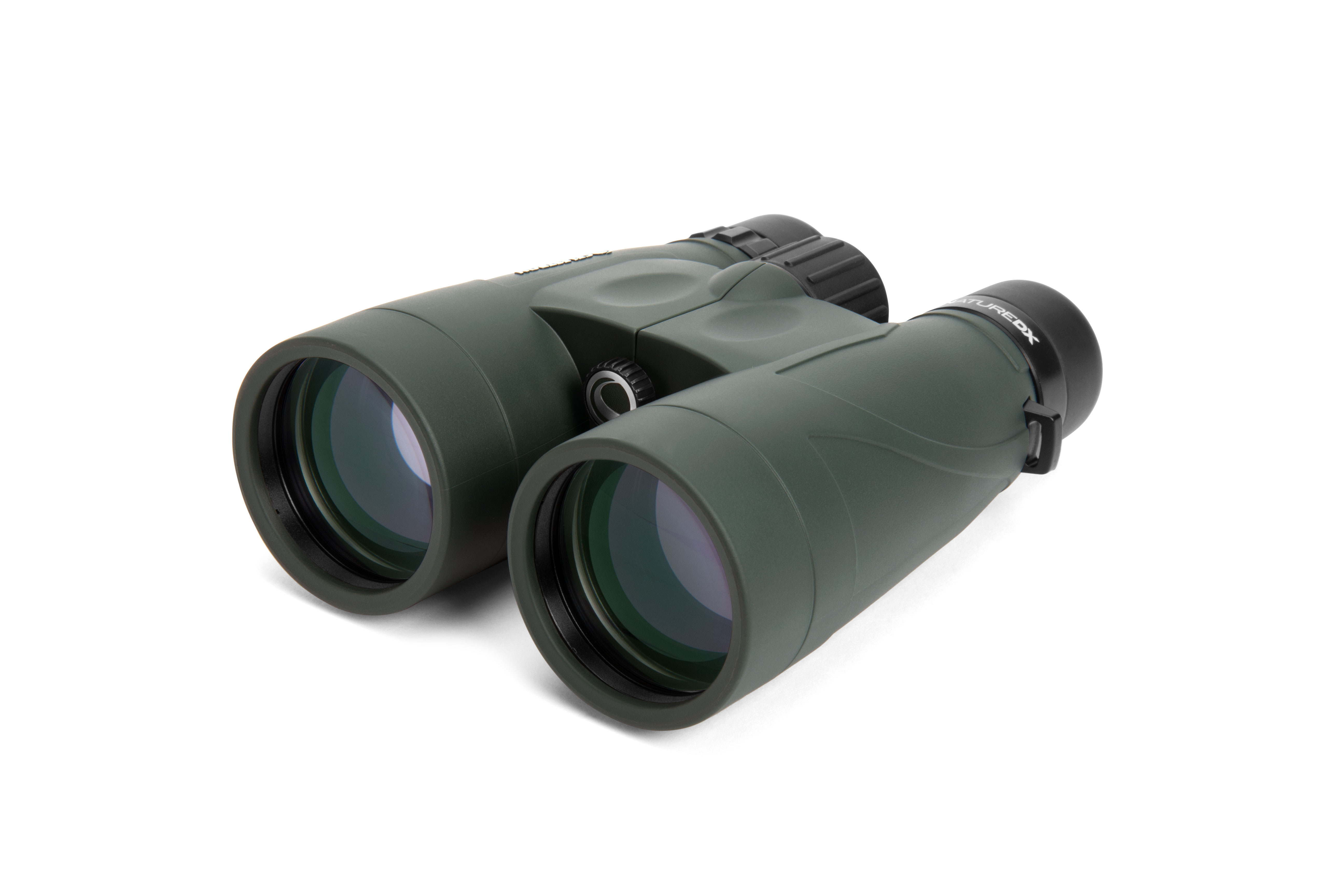 Grünes Fernglas auf weißem Hintergrund, leicht angewinkelt.