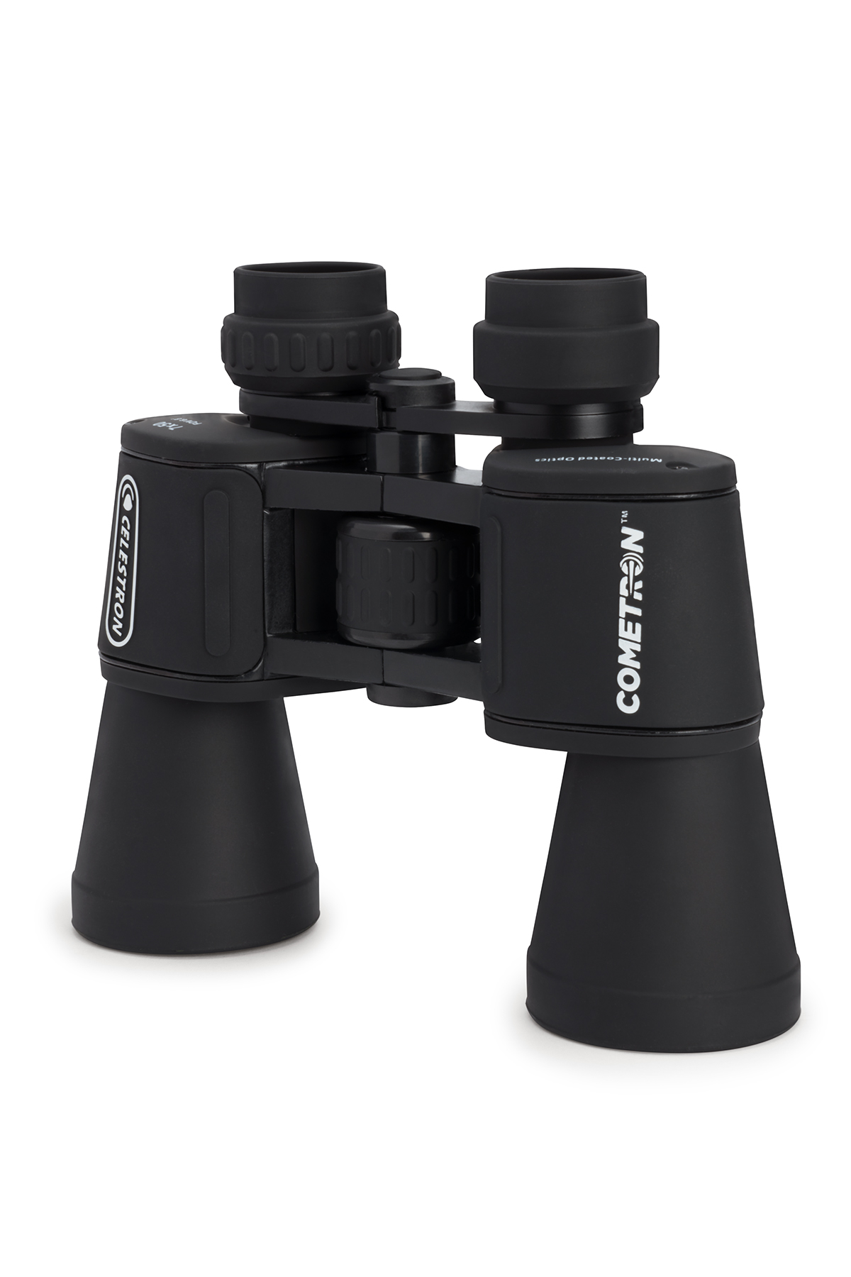 Schwarzes Fernglas mit den Aufschriften 'CELESTRON' und 'COMETRON' auf weißem Hintergrund.