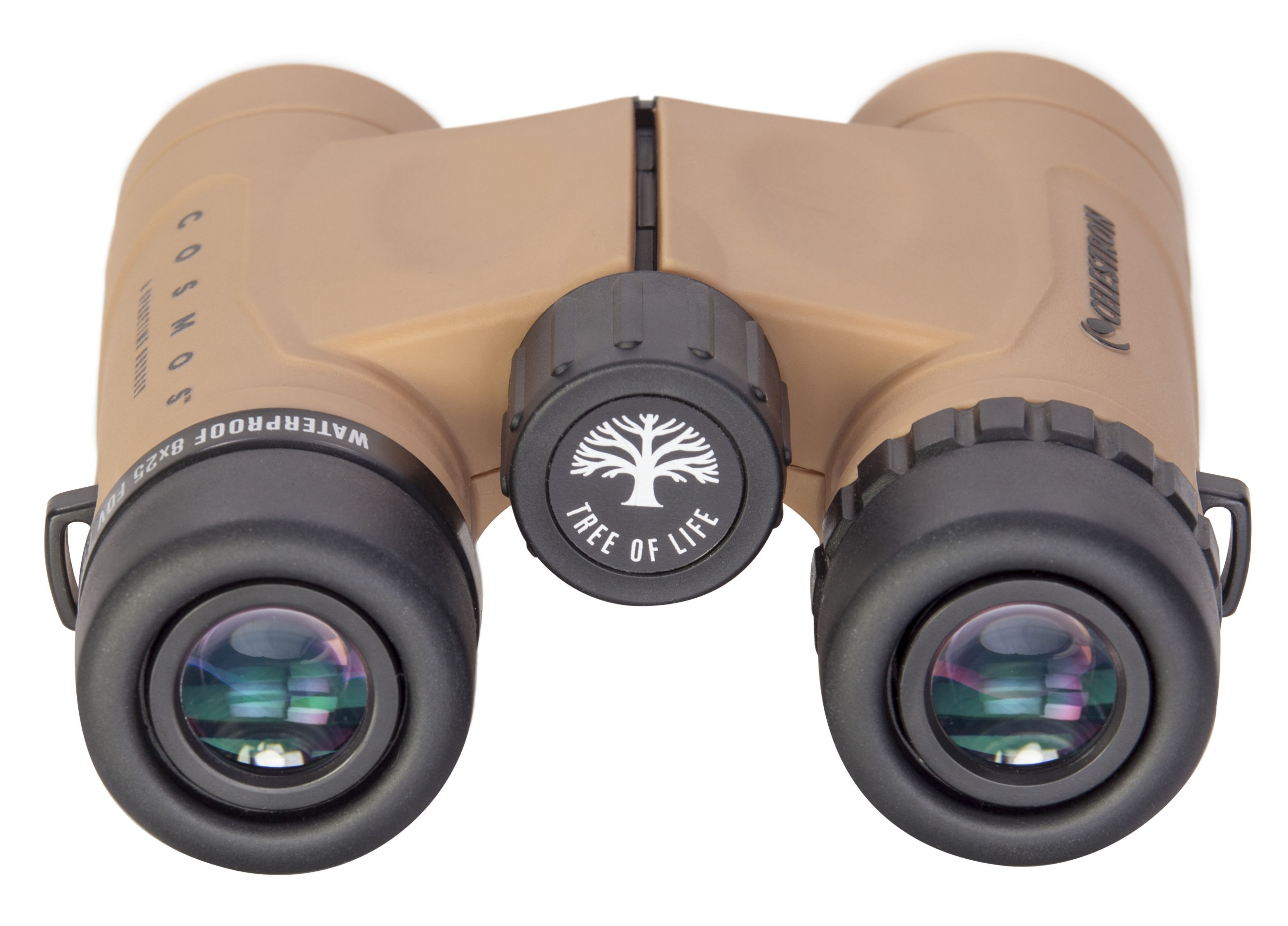 Beige Fernglas mit schwarzen Objektivabdeckungen. Text: 'COSMOS', 'WATERPROOF 8X25'.