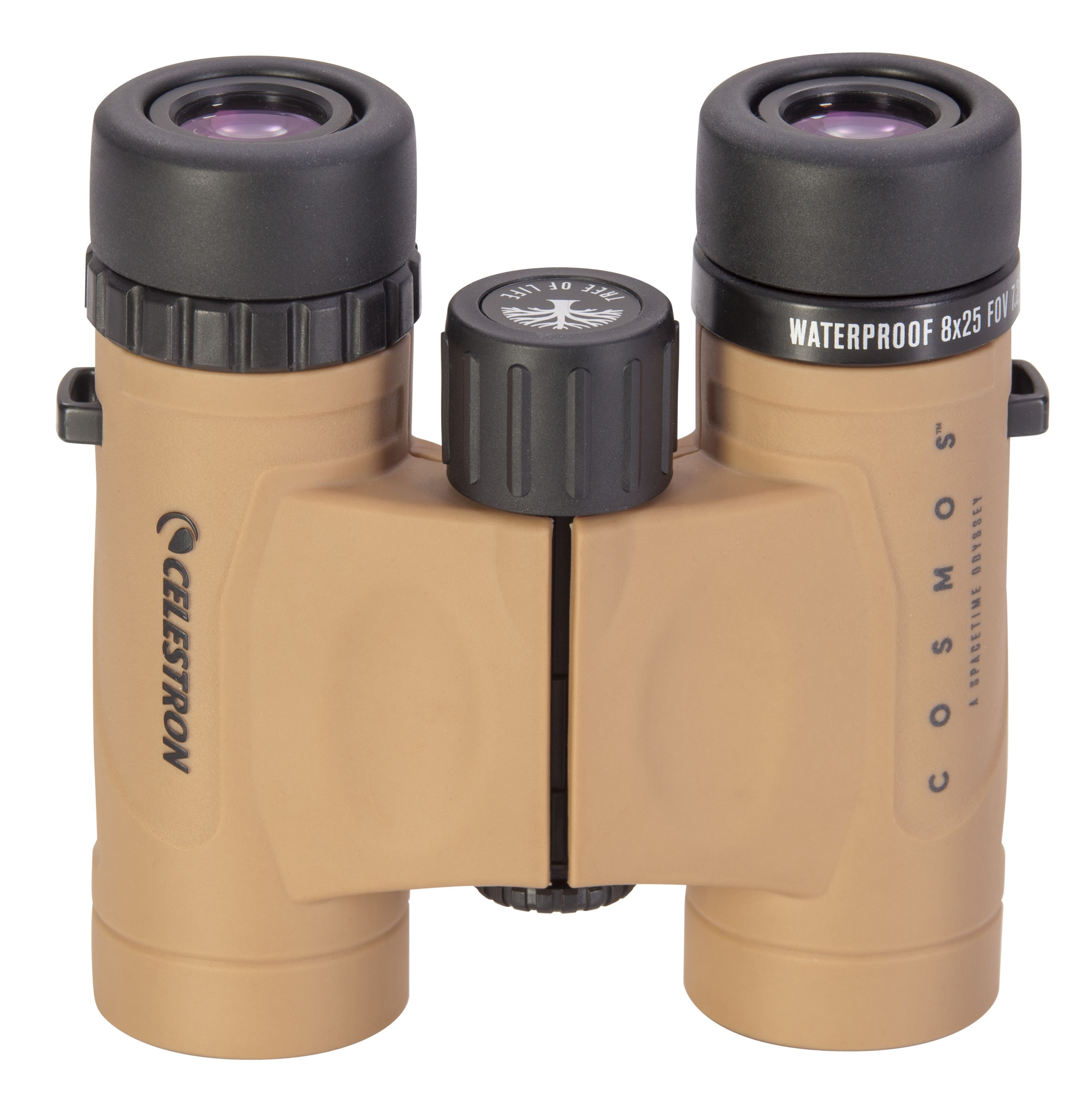 Beige Fernglas mit schwarzen Okularen und Schriftzug 'Celestron'.