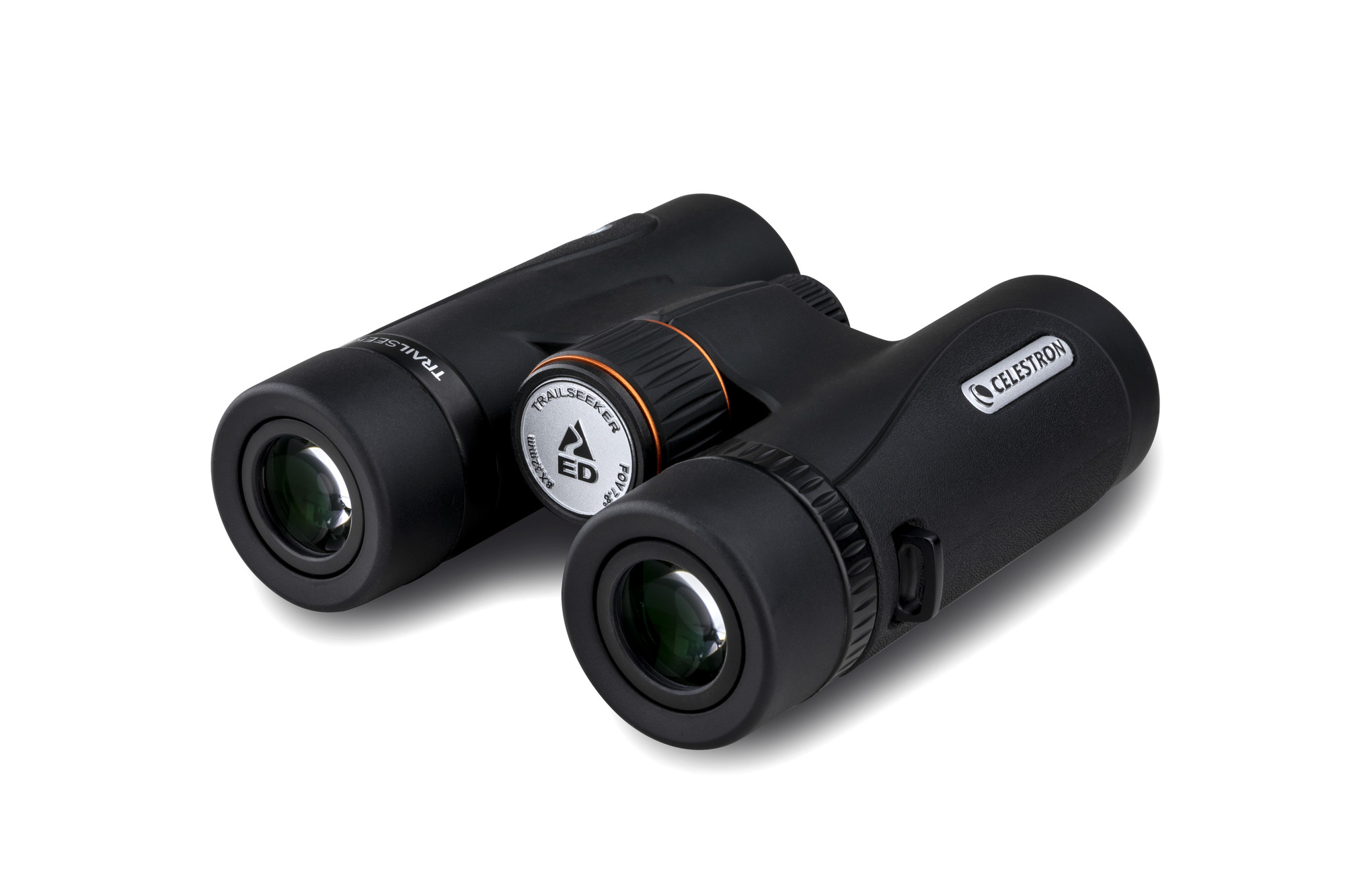 Schwarzes Fernglas, die Marke Celestron, mit einem orangefarbenen Fokusrad.