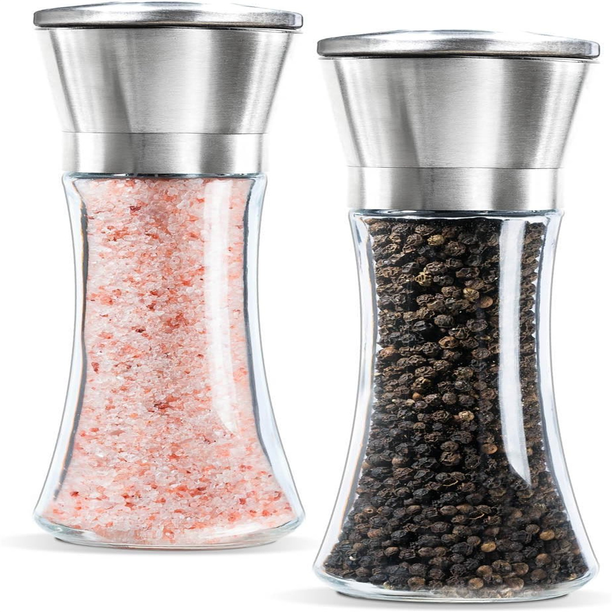 Zwei Glas-Salz- und Pfeffermühlen, eine mit rosa Salz, die andere mit schwarzen Pfefferkörnern.