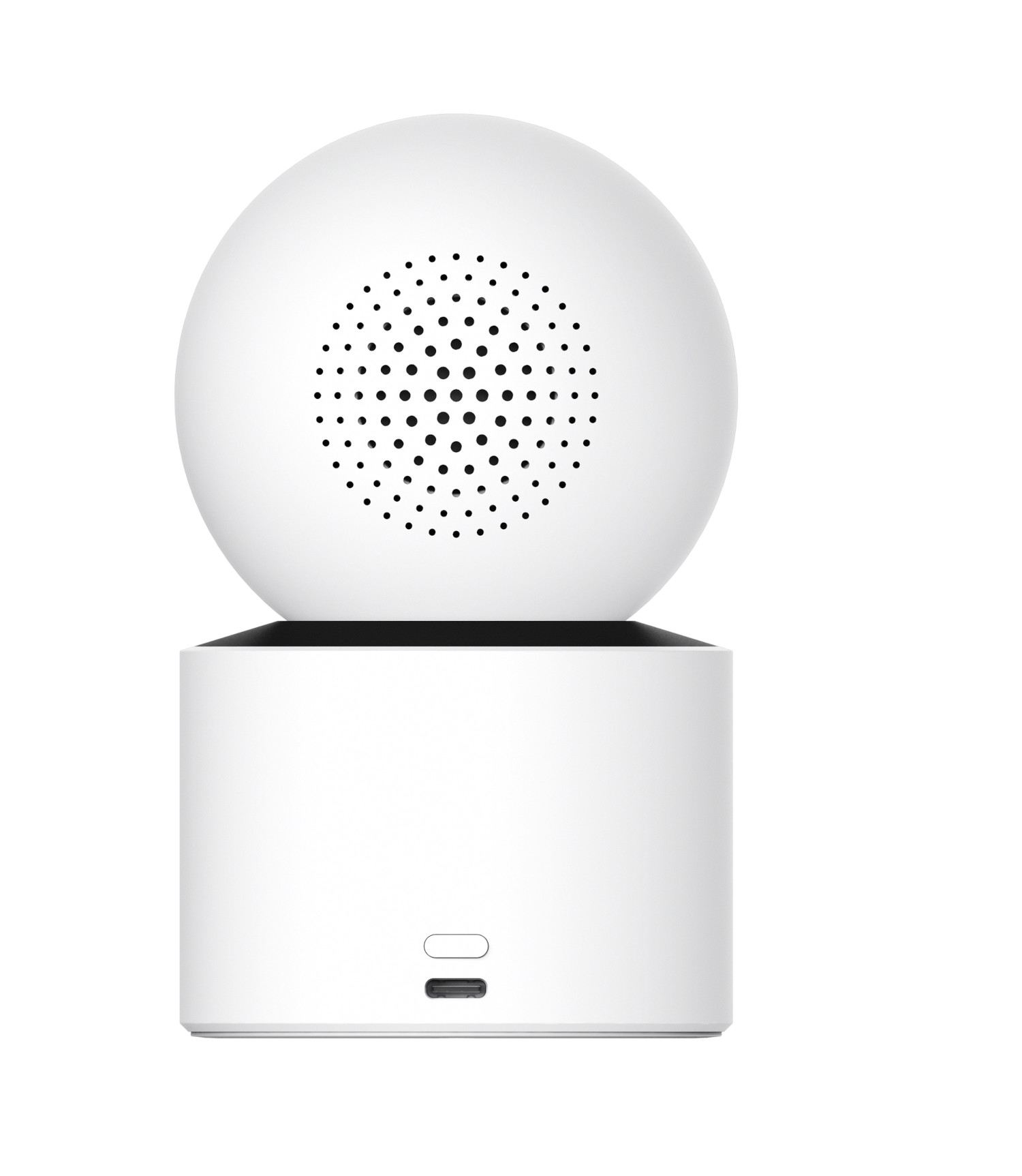 Biała kamera bezpieczeństwa z zaokrągloną górą i cylindryczną podstawą, na białym tle.