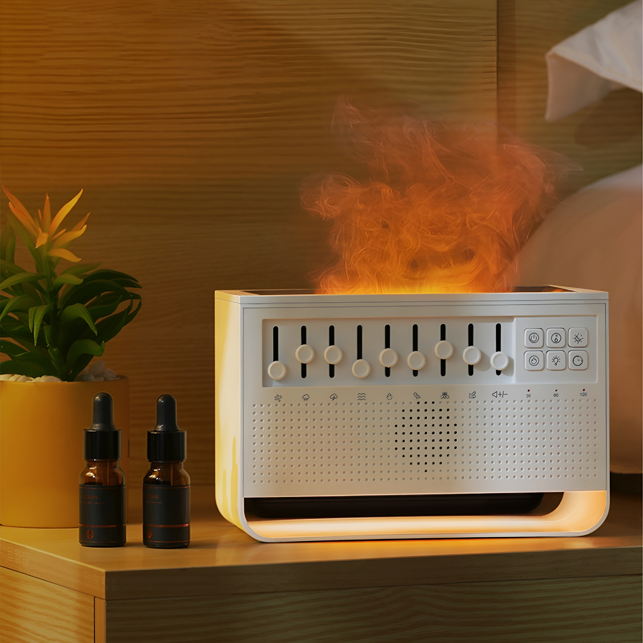 Weißer Aromadiffusor mit Drehreglern und Flammeneffekt, mit ätherischen Ölen.