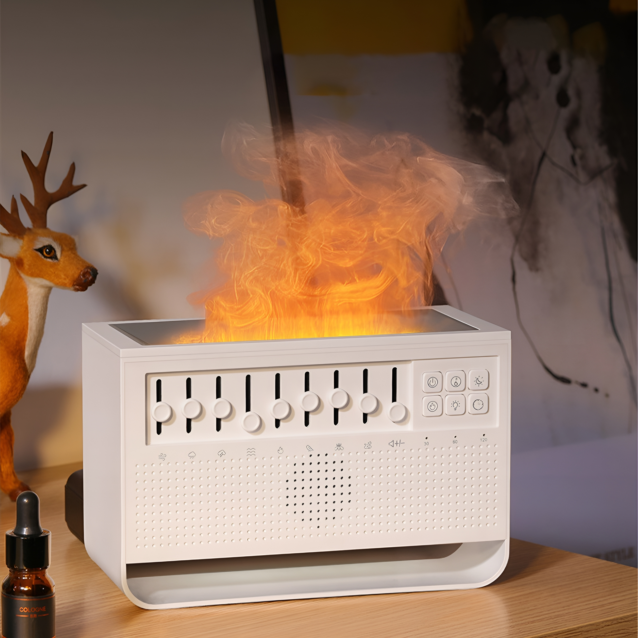 Ein weißer Luftreiniger mit Flammeneffekt und eine Hirschfigur auf einem Holztisch.