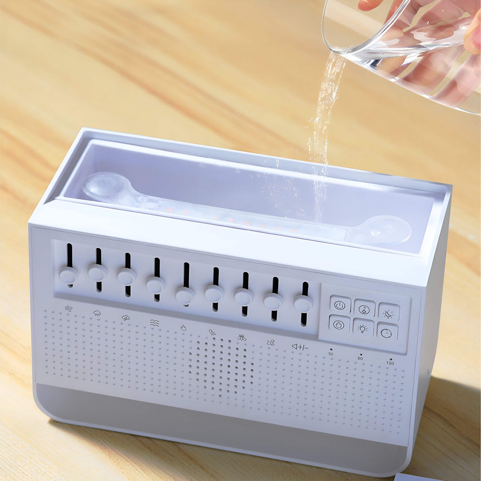 Weiße Geräuschmaschine, in die Wasser gegossen wird, auf einer Holzoberfläche. Hat Steuertasten.