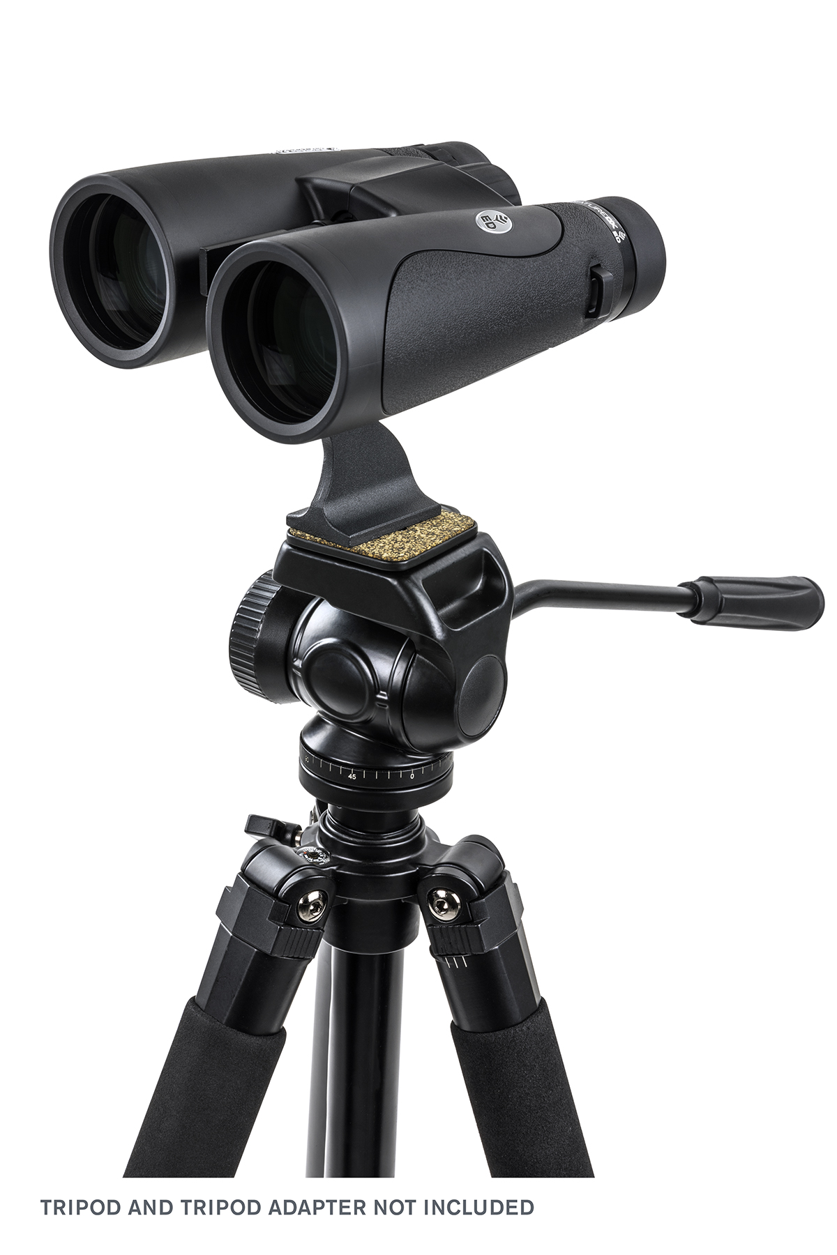Schwarzes Fernglas auf einem Stativ montiert. Weißer Hintergrund.