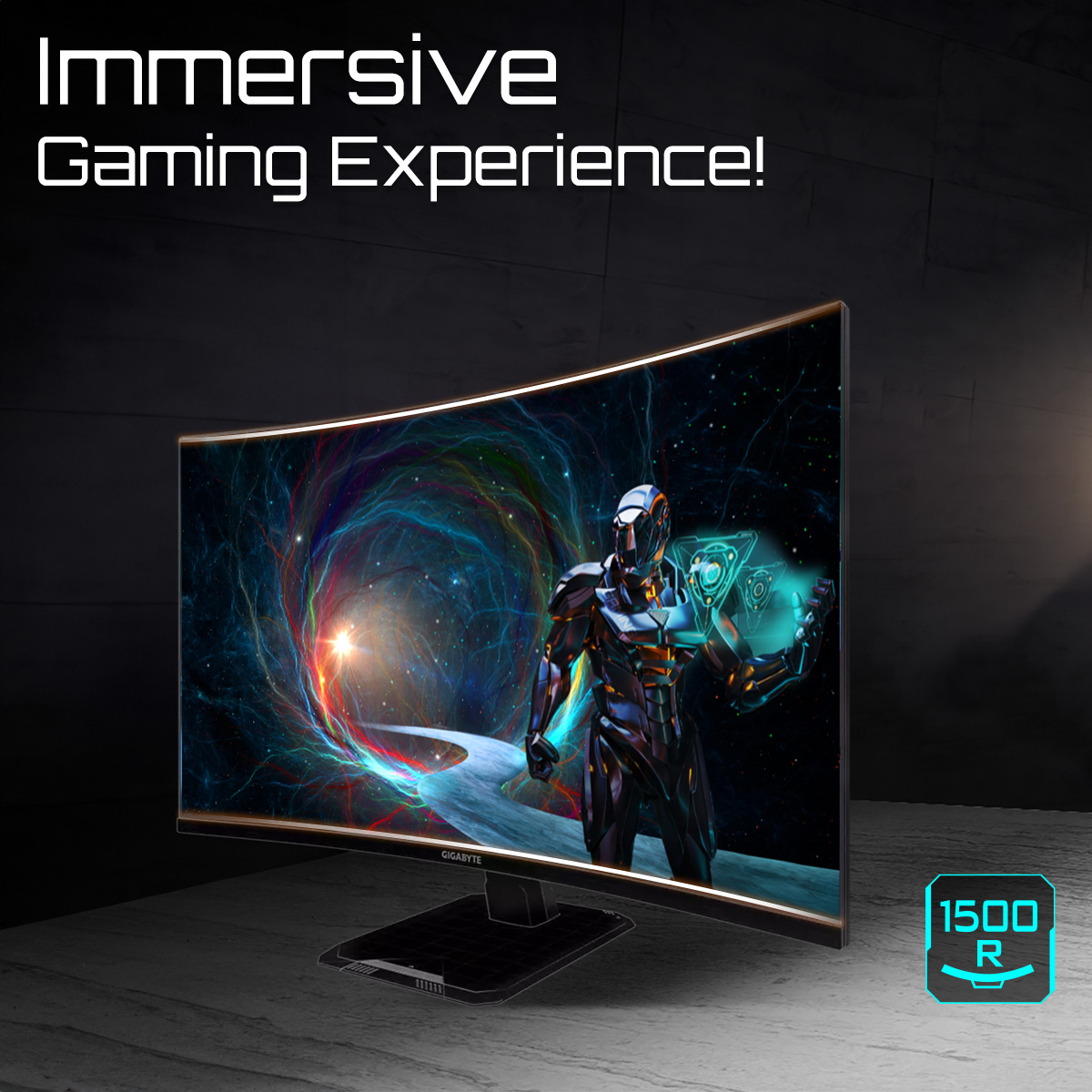 Zakrzywiony monitor wyświetlający futurystyczną scenę z postacią gracza, oświetloną neonowym niebieskim światłem.