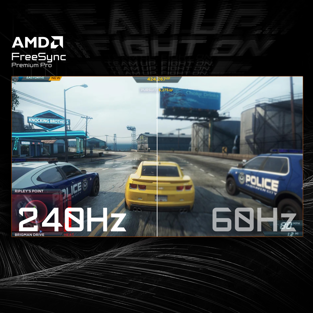 Obraz z gry pokazujący rozgrywkę na wyświetlaczach 240Hz i 60Hz.