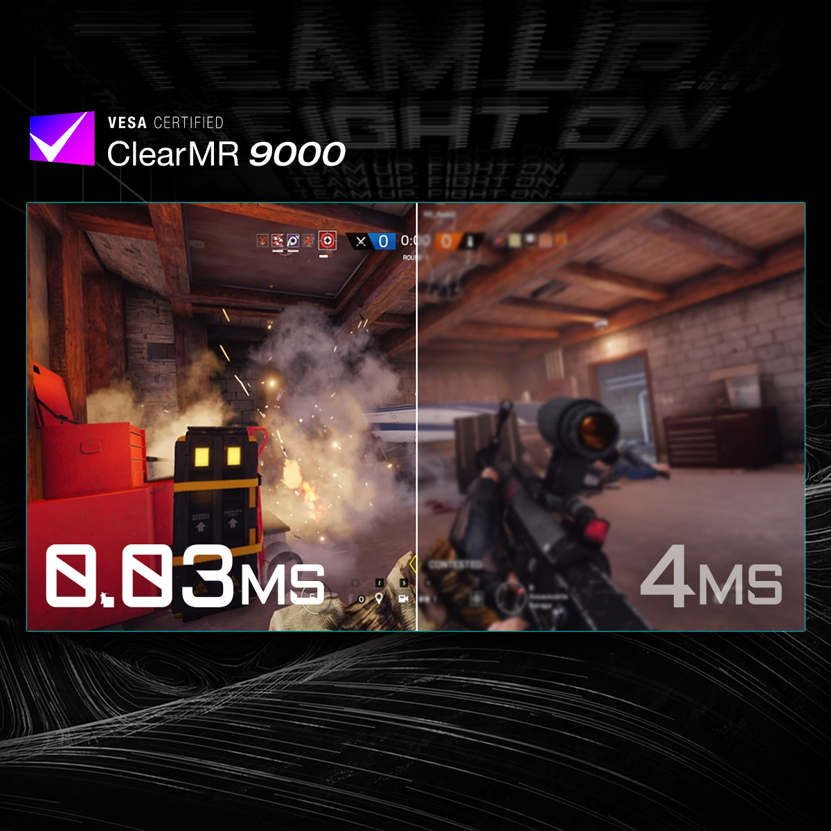 Porównanie obrazu: ekran gry przy 0,03MS i rozmyty przy 4MS, z logo ClearMR 9000.