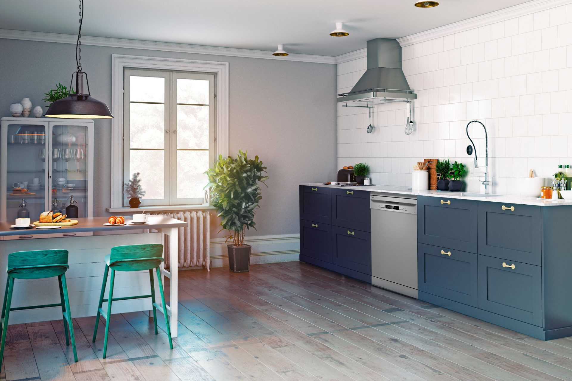 Una cocina con una combinación de colores azul oscuro y blanco, con electrodomésticos y decoración modernos.